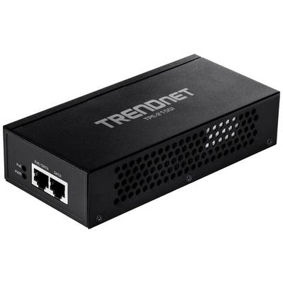 Un ripartitore di rete nero TRENDnet con due porte Ethernet, etichettate 'PWR+DATA' e 'DATA', e fessure di ventilazione.