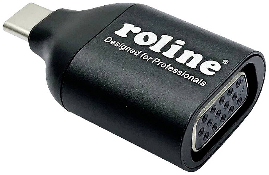 Un adattatore da USB-C a VGA, con involucro nero, riportante il testo 'roline Designed for Professionals'. Ideale per connessioni monitor.