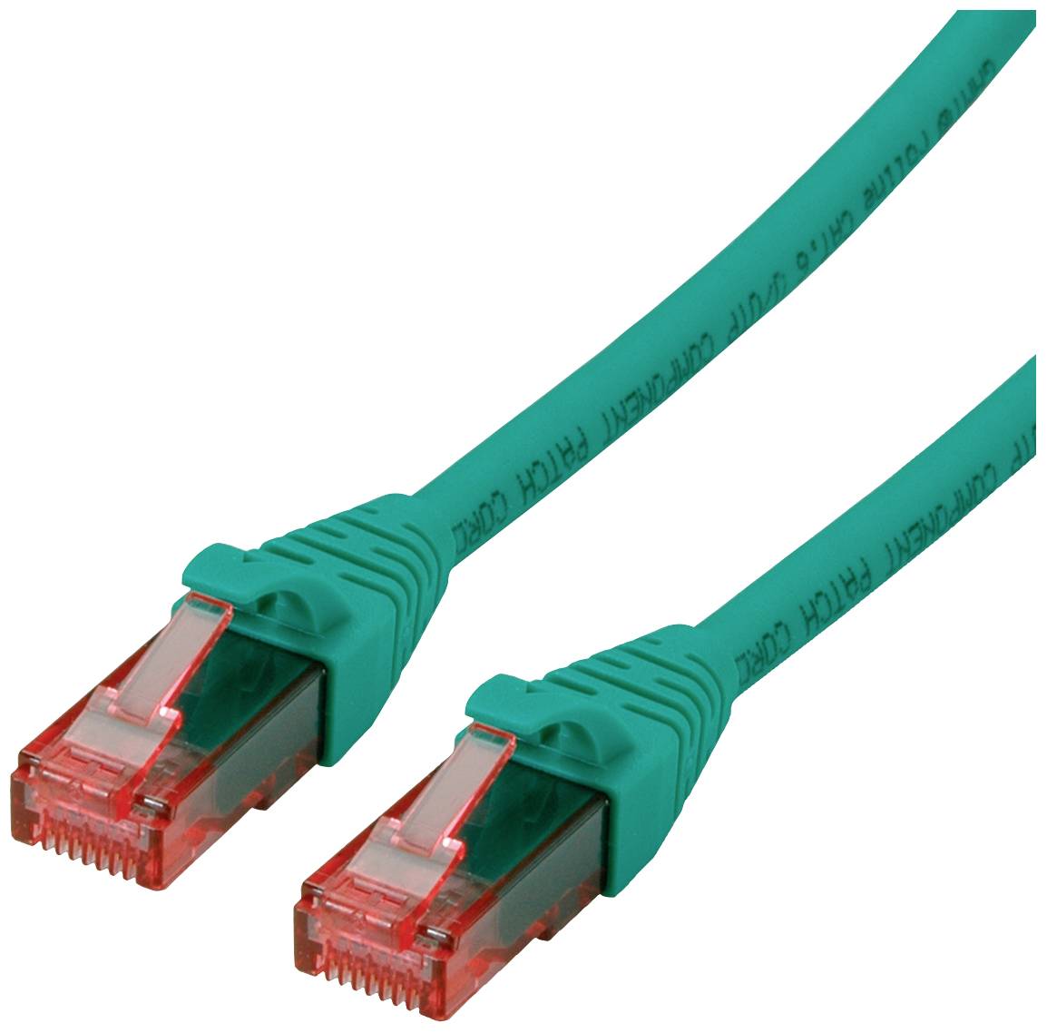 Due cavi Ethernet verdi con connettori rossi. Sono posizionati uno accanto all'altro e puntano nella stessa direzione.