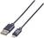 Cavo USB-Lightning nero, con connettore USB a sinistra e connettore Lightning a destra, utilizzato per collegare dispositivi e trasferire dati.