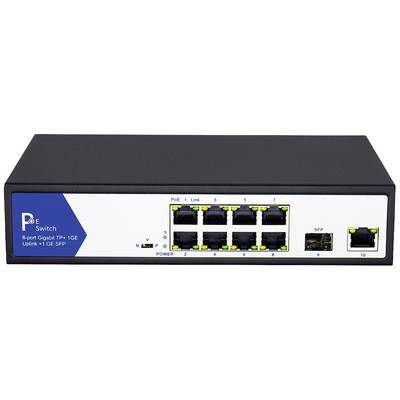 Un interruttore nero PoE con otto porte Gigabit Ethernet e una porta SFP. Testo: 'Switch PoE 8 porte Gigabit TP+ 1GE Uplink +1 GE SFP'.