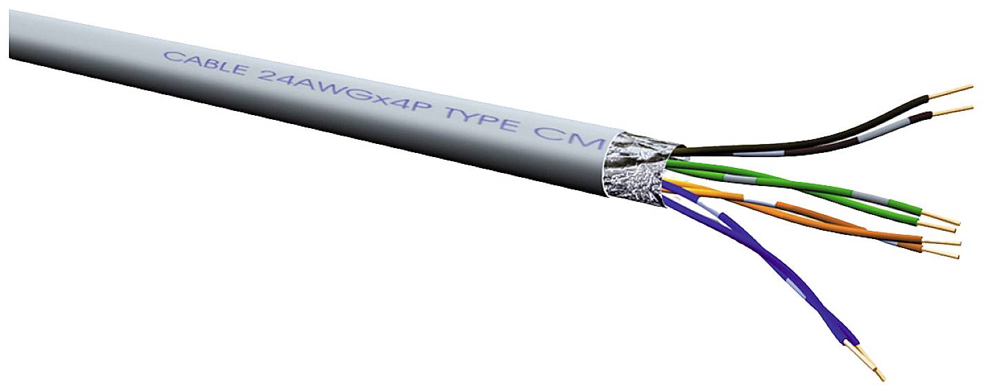 Un cavo di rete tagliato con diversi conduttori colorati e un rivestimento in plastica è visibile. Stampigliatura: 'CABLE 24AWGX4P TYPE CM'.