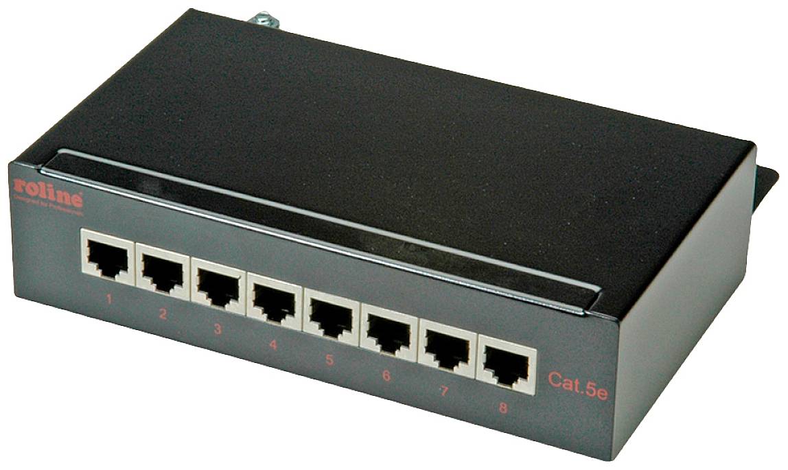 Uno switch Ethernet nero con otto porte, etichettate con i numeri da 1 a 8. A destra è indicato 'Cat.5e'.