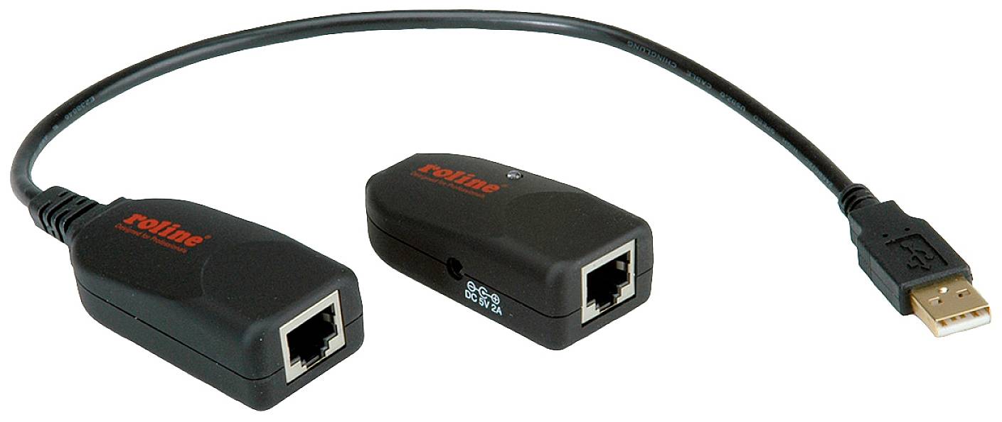 Due adattatori neri con porta RJ45 e connettore USB, collegati da un cavo; utilizzati per il trasferimento dati.