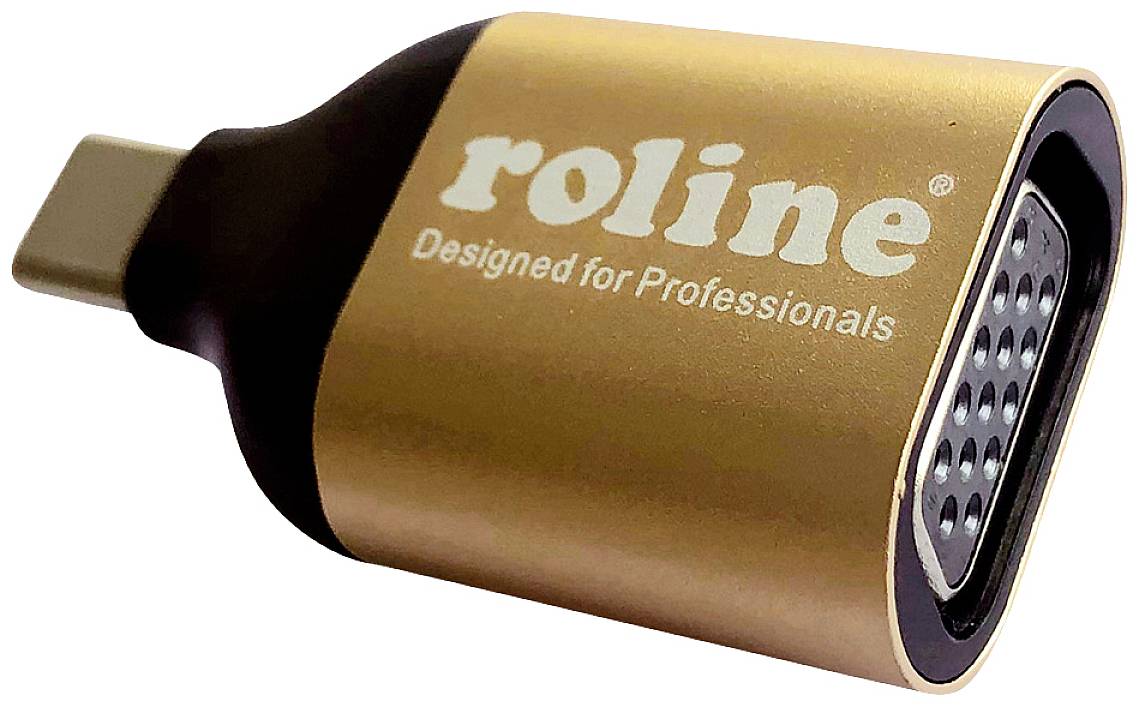 Adattatore da USB-C a VGA con la scritta 'roline - Designed for Professionals', custodia color oro.