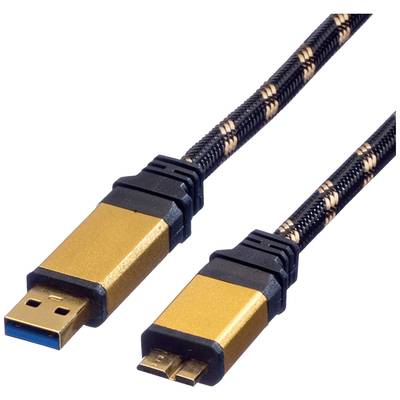 Cavo USB con connettori dorati e intreccio nero e oro. Adatto per trasferimento dati e caricabatterie.