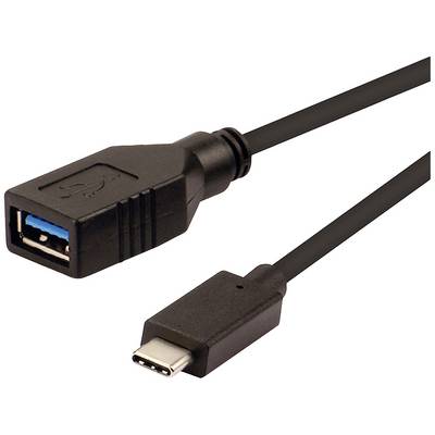 Un cavo USB con connettore USB-C su un lato e porta USB-A sull'altro lato, colore nero.