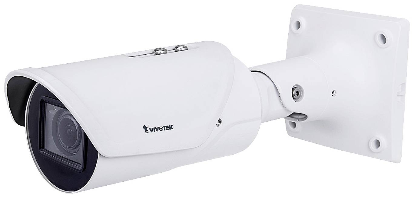 Telecamera di sorveglianza montata a parete, lateralmente. Colore bianco.