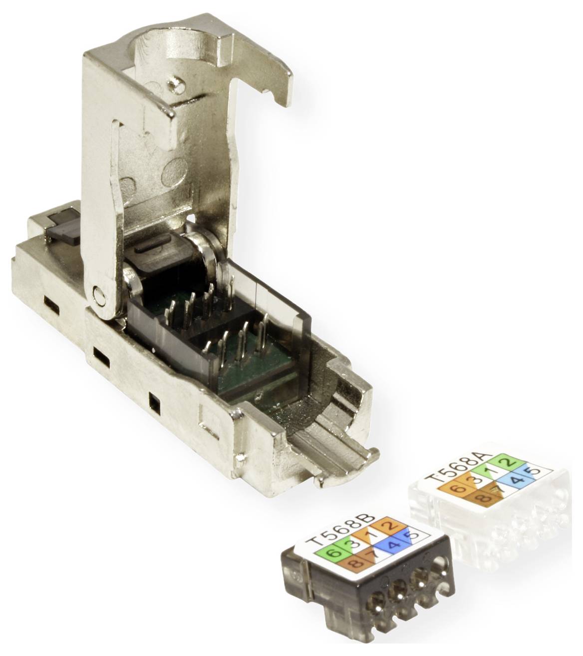 Un connettore RJ45 metallico e due coppie di conduttori con codici colore che mostrano uno schema di collegamento per cavi di rete.