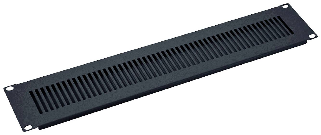 Una griglia di ventilazione rettangolare, nera, con fessure lunghe e strette, progettata per l'installazione in involucri di apparecchiature tecniche.
