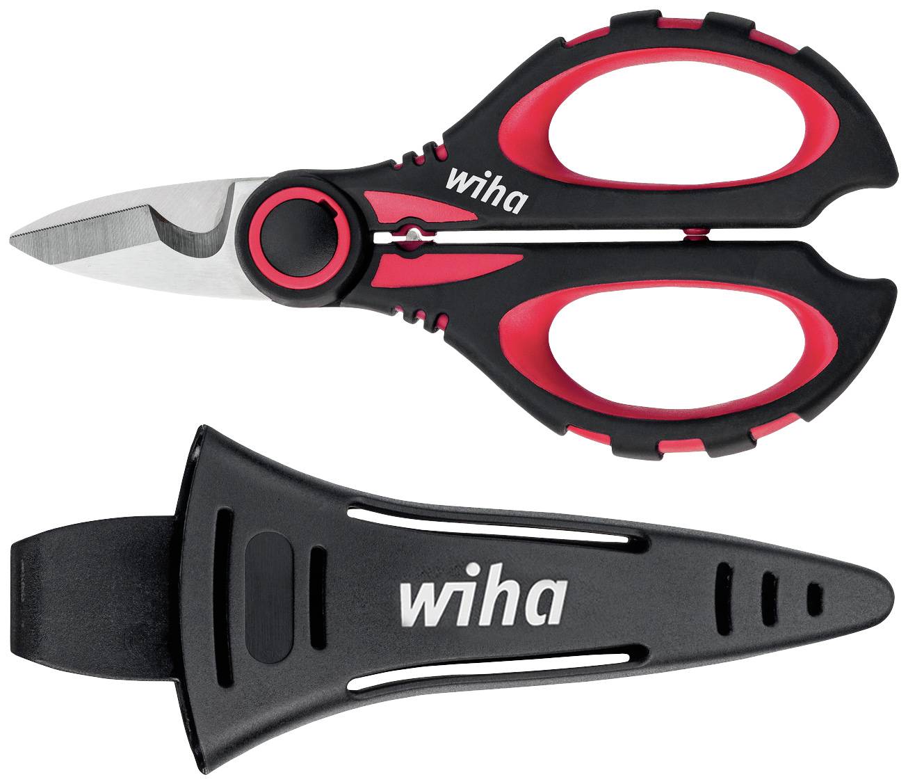 Una forbice nera e rossa con la scritta 'wiha' e un corrispondente astuccio protettivo nero sotto di essa.