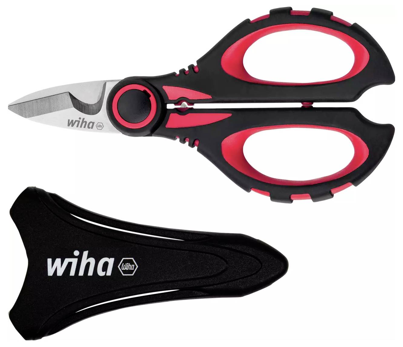Un paio di forbici nere e rosse con una custodia protettiva. Il nome del marchio 'Wiha' è visibile sia sulle forbici che sulla custodia.