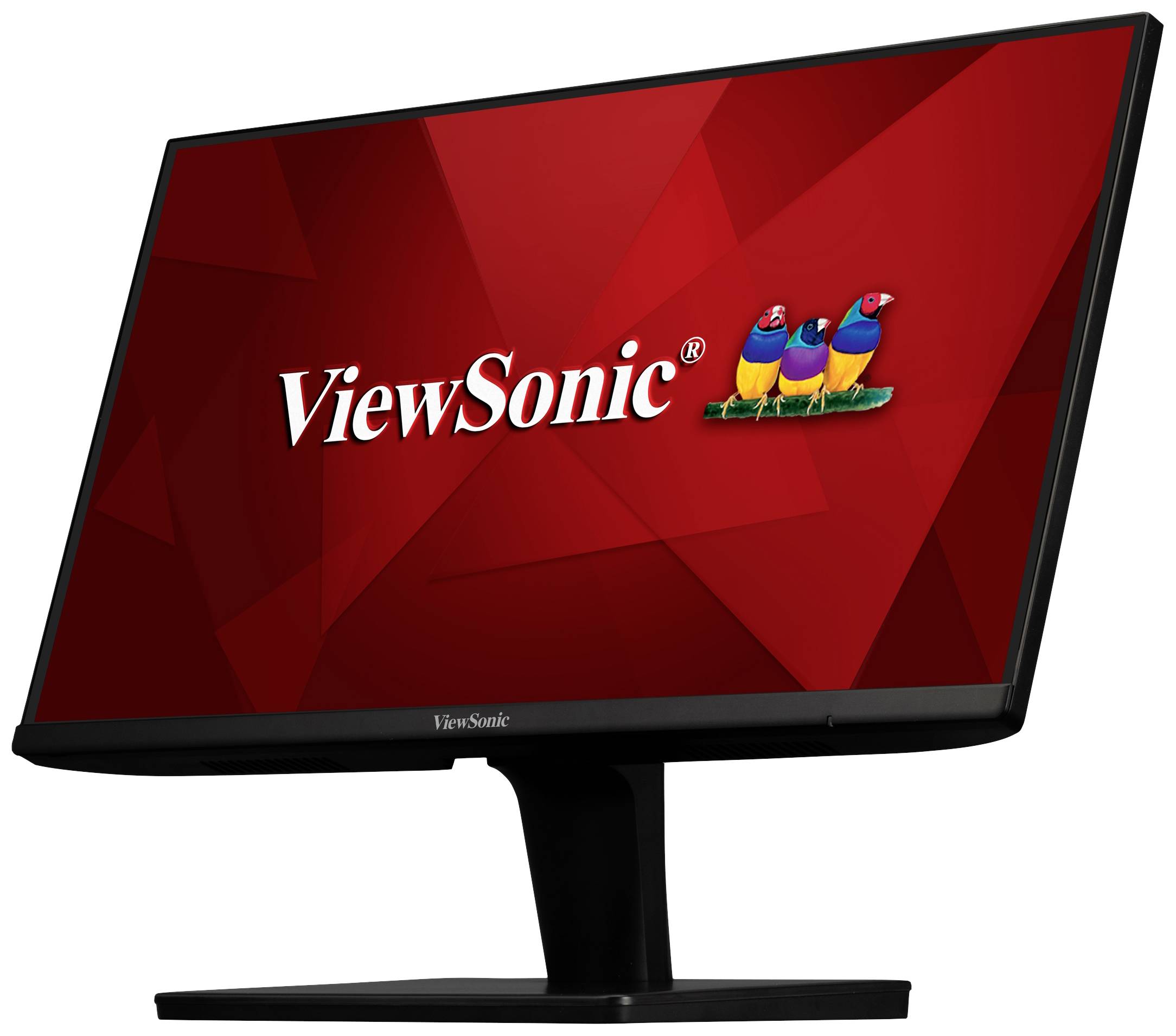 Uno schermo nero per computer con sfondo rosso mostra il logo 'ViewSonic' accompagnato da tre uccelli colorati.