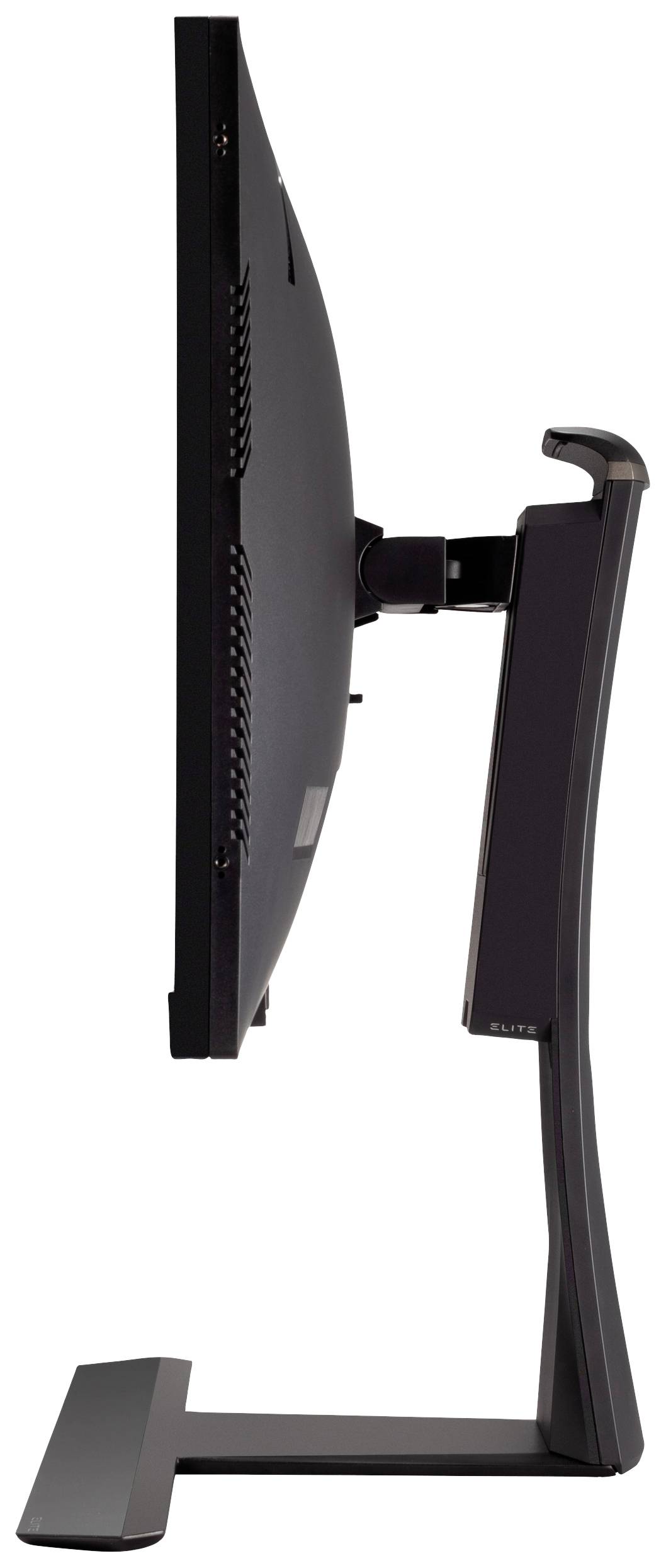 Vista laterale di un monitor per computer sottile su piedistallo, che mostra il design snello dello schermo e il supporto.