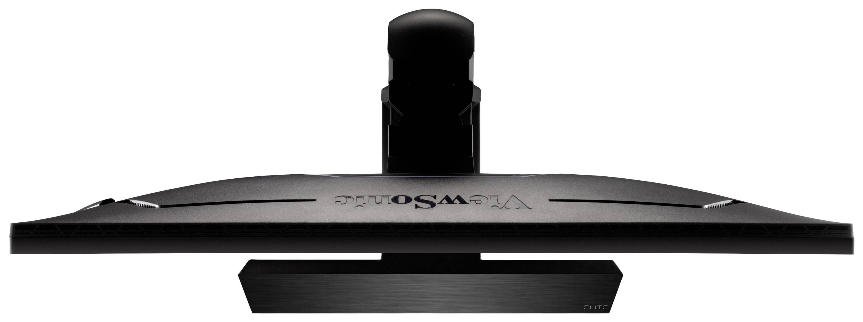 Vista posteriore di un monitor nero da computer, ripreso dall'alto, che evidenzia la sua forma particolarmente sottile e il piedistallo, senza cavi visibili.