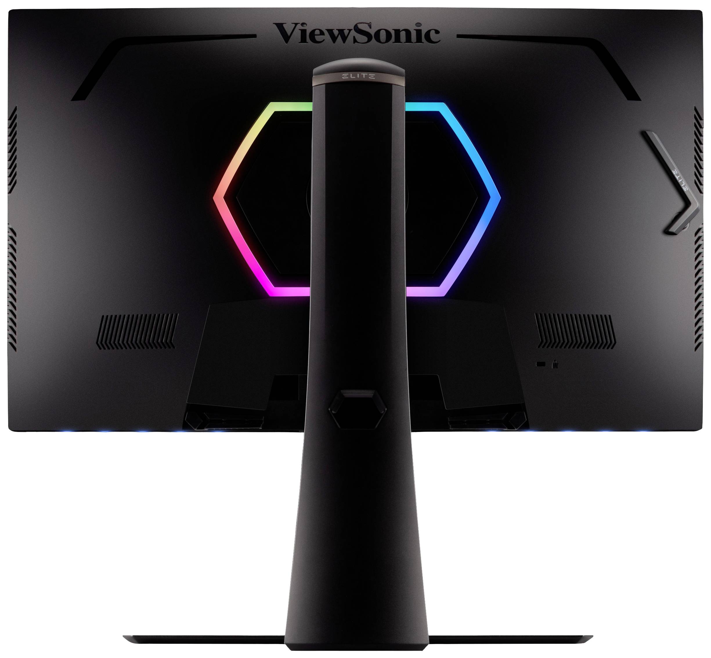 Veduta posteriore di un monitor ViewSonic con illuminazione RGB esagonale in diversi colori su un supporto nero.