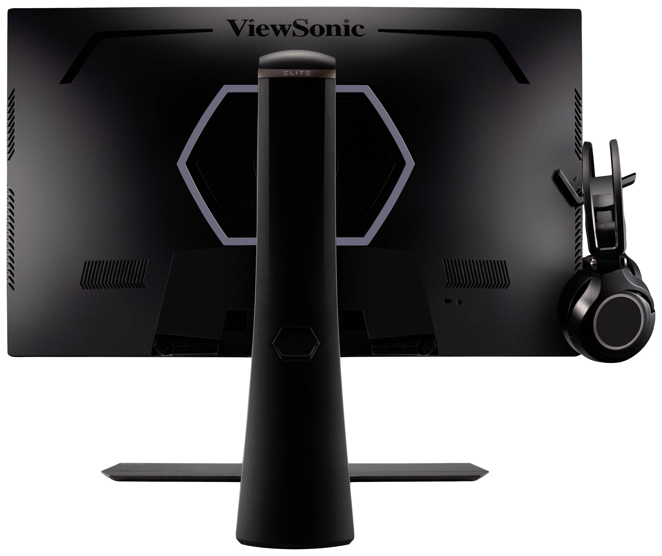 Un monitor nero di ViewSonic, visto da dietro, con un paio di cuffie nere appese sul lato destro.