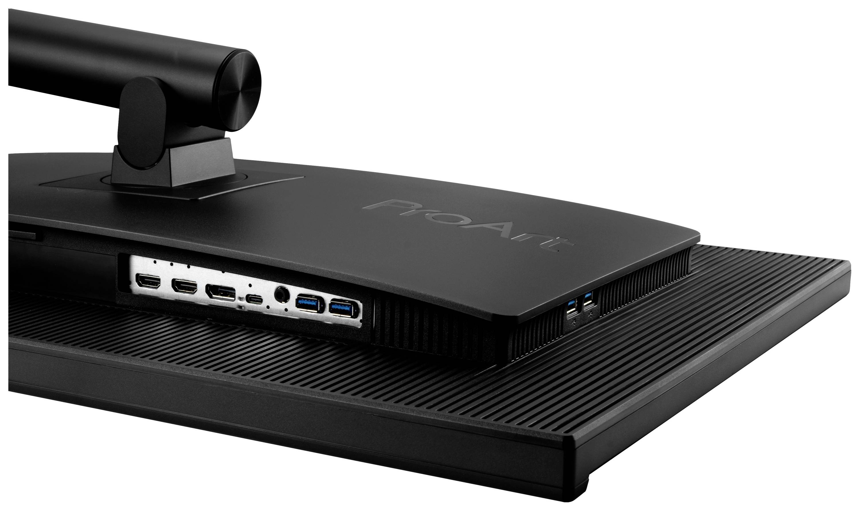 Un monitor del computer con diverse porte di connessione sul retro, incluse HDMI e USB. Lo schermo è nero.