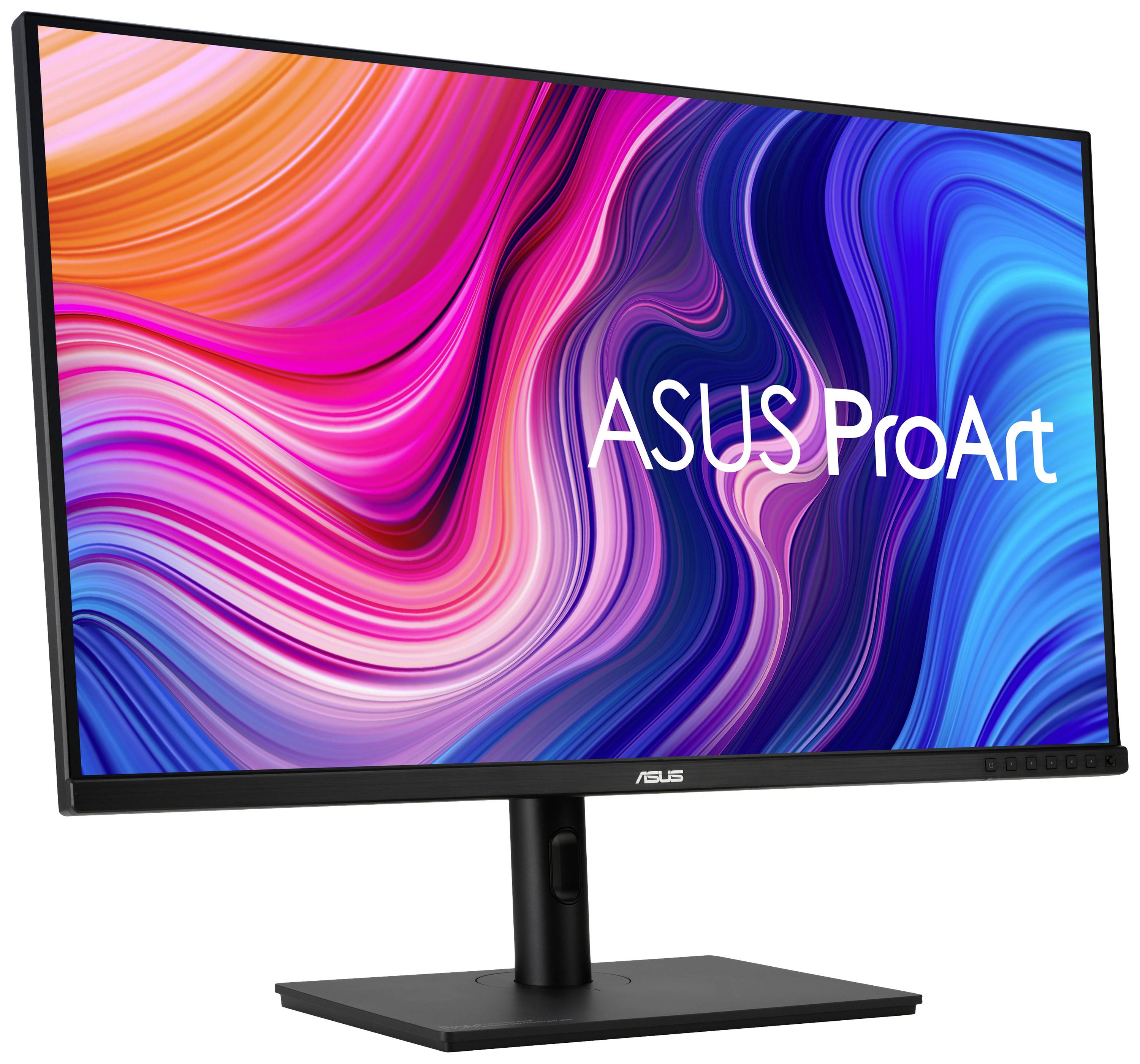 Un monitor mostra linee ondulate colorate in rosa, blu e arancione. Sopra è scritto 'ASUS ProArt'.