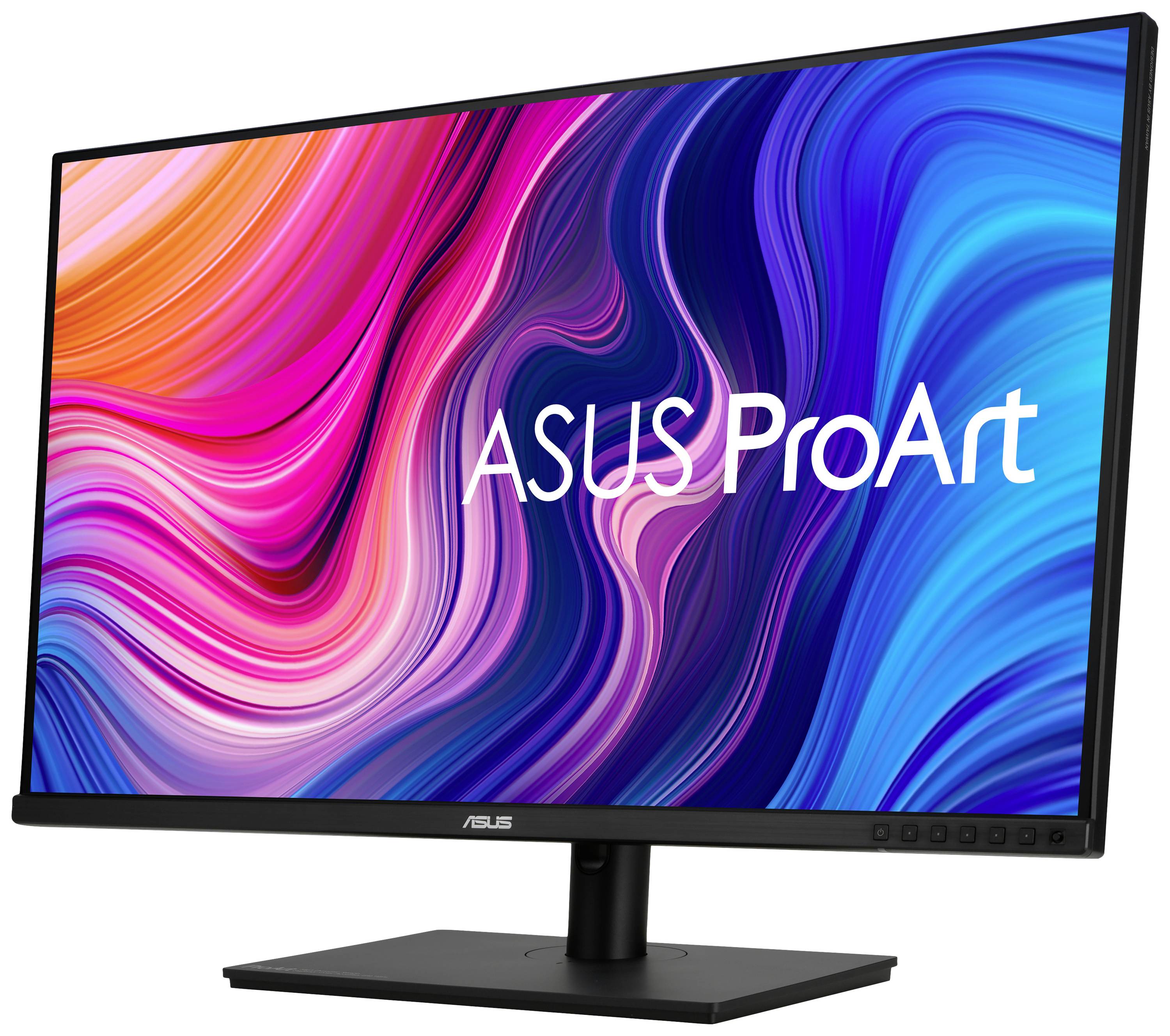 Un monitor ASUS ProArt con uno sfondo vivace e colorato e la scritta 'ASUS ProArt' in bianco sullo schermo.