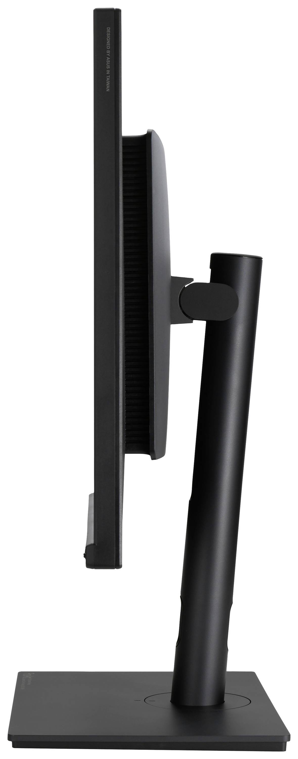 Monitor più sottile in posizione verticale laterale - Un monitor snello con cornice stretta, visto di lato, montato su un semplice piedistallo nero.