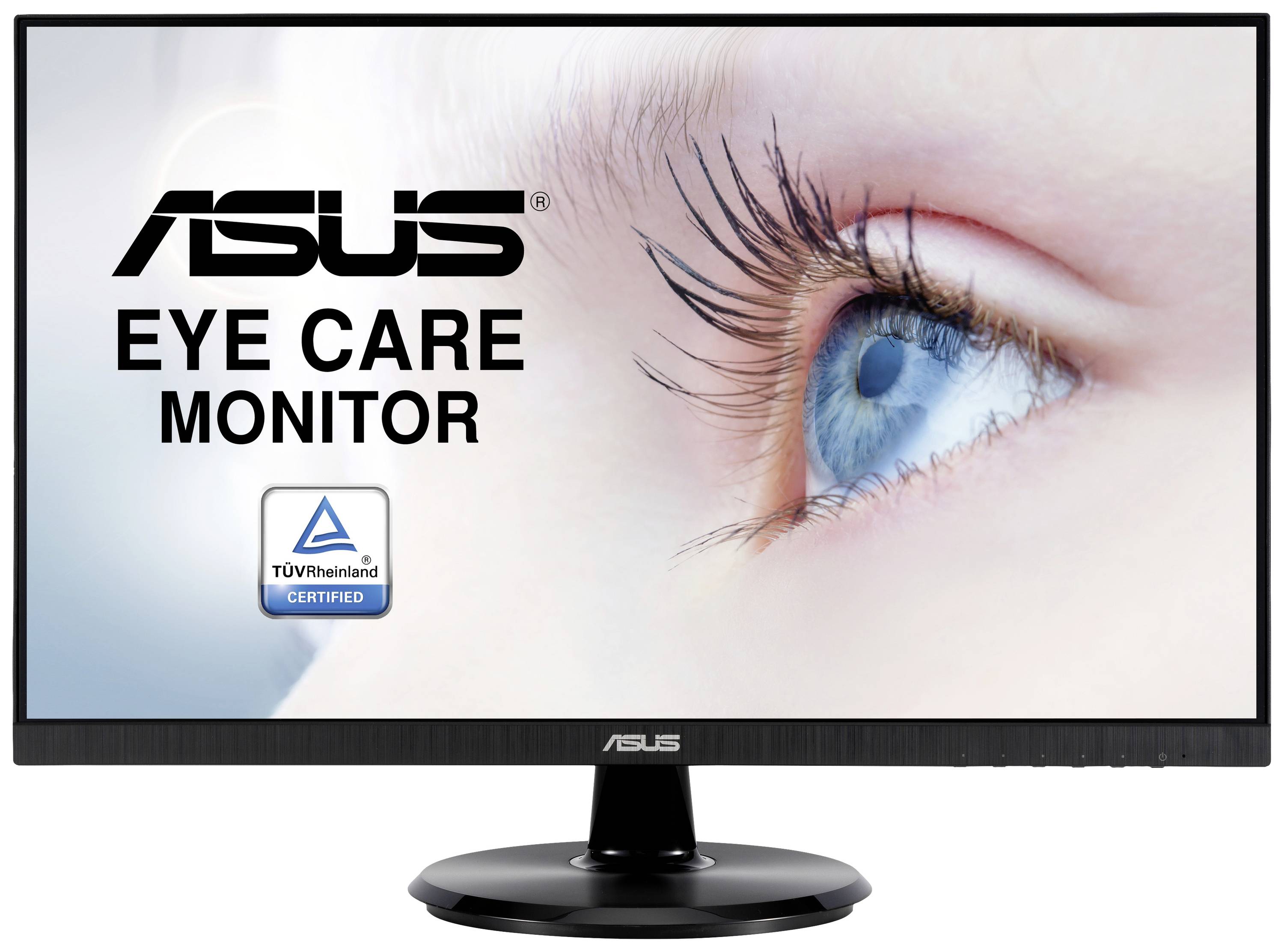 Monitor Asus Eye Care con certificazione TÜV Rheinland; primo piano di un occhio sullo sfondo.
