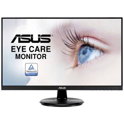 Monitor Asus Eye Care con certificazione TÜV Rheinland; primo piano di un occhio sullo sfondo.