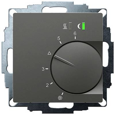 Un regolatore nero a rotazione su un termostato con numeri da 1 a 6 e simboli per il riscaldamento e il raffreddamento. Il regolatore è impostato su 5.
