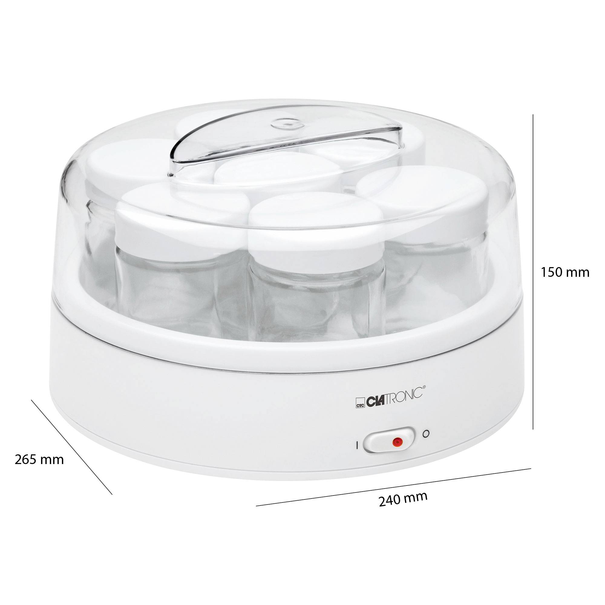 Preparatore di yogurt con coperchio trasparente, contiene diversi contenitori in vetro per la preparazione domestica di yogurt. Dimensioni: 265x240x150 mm.