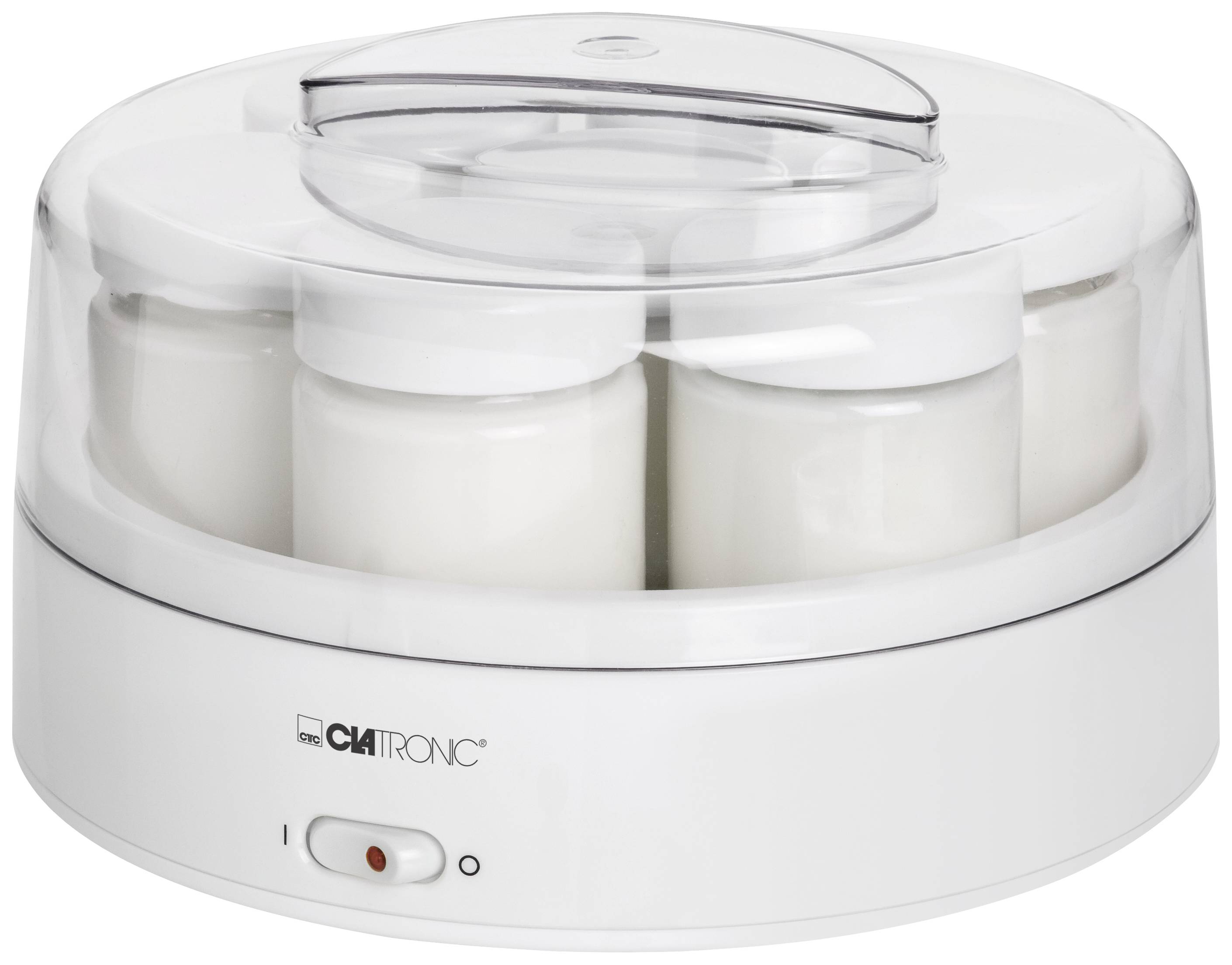 Preparatore elettrico per yogurt con quattro barattoli bianchi, coperchio trasparente e interruttore di accensione/spegnimento sul davanti. Ideale per la preparazione di yogurt.