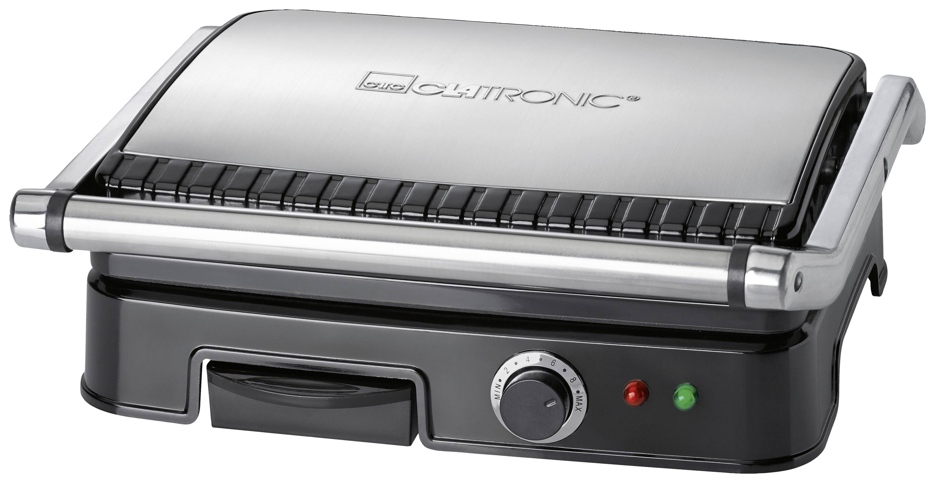 Un grill a contatto in argento con display della temperatura e spie di controllo, adatto per grigliare panini e carne.