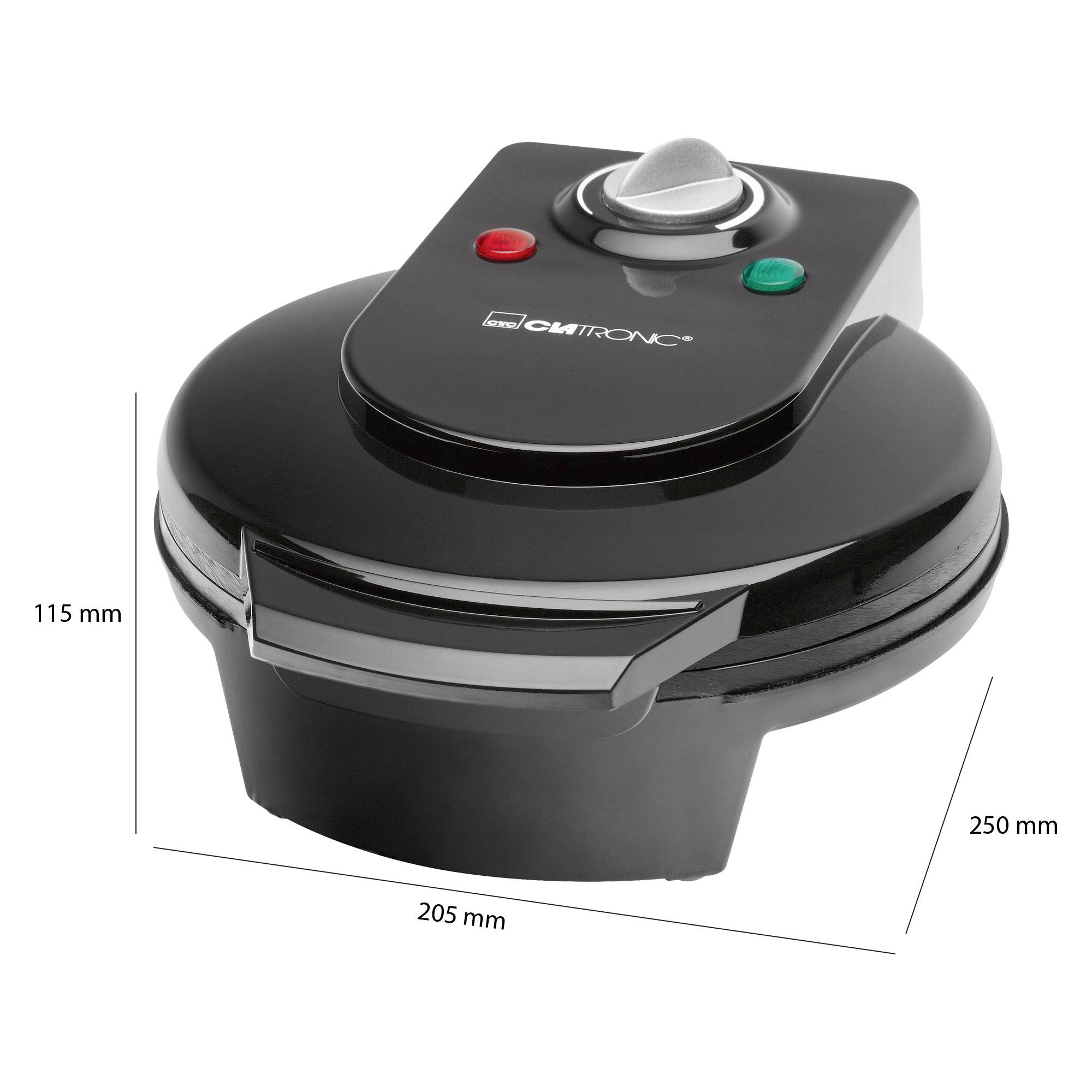 Piastra per waffle elettrica nera con spie di controllo e manopola di regolazione. Dimensioni: 115 mm di altezza, 205 mm di larghezza, 250 mm di profondità.