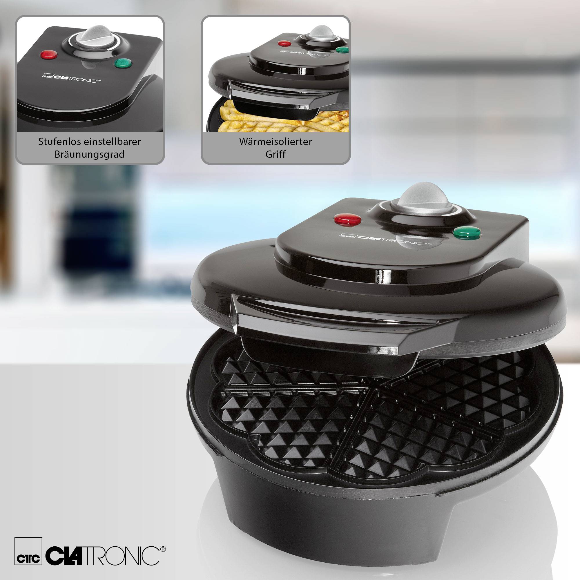 Piastra per waffle con manico termoisolante, grado di doratura regolabile in modo continuo, colore nero, marca Clatronic.