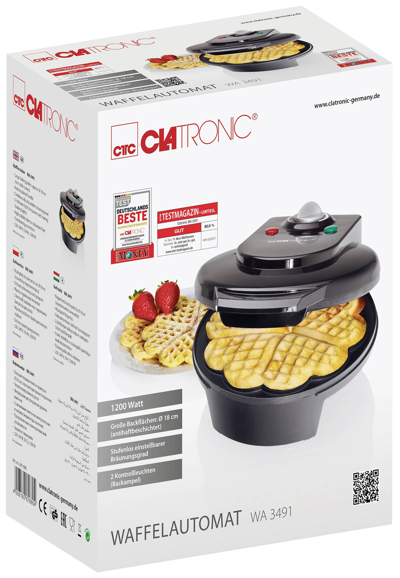 Confezione di un distributore automatico di cialde con il dispositivo raffigurato, cialde dorate e fragole su un piatto. Marca: Clatronic.