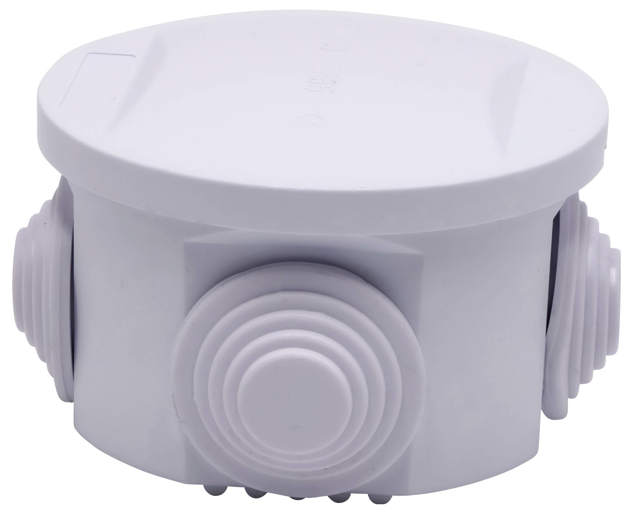 Scatola di connessione rotonda in plastica bianca con diversi attacchi laterali.