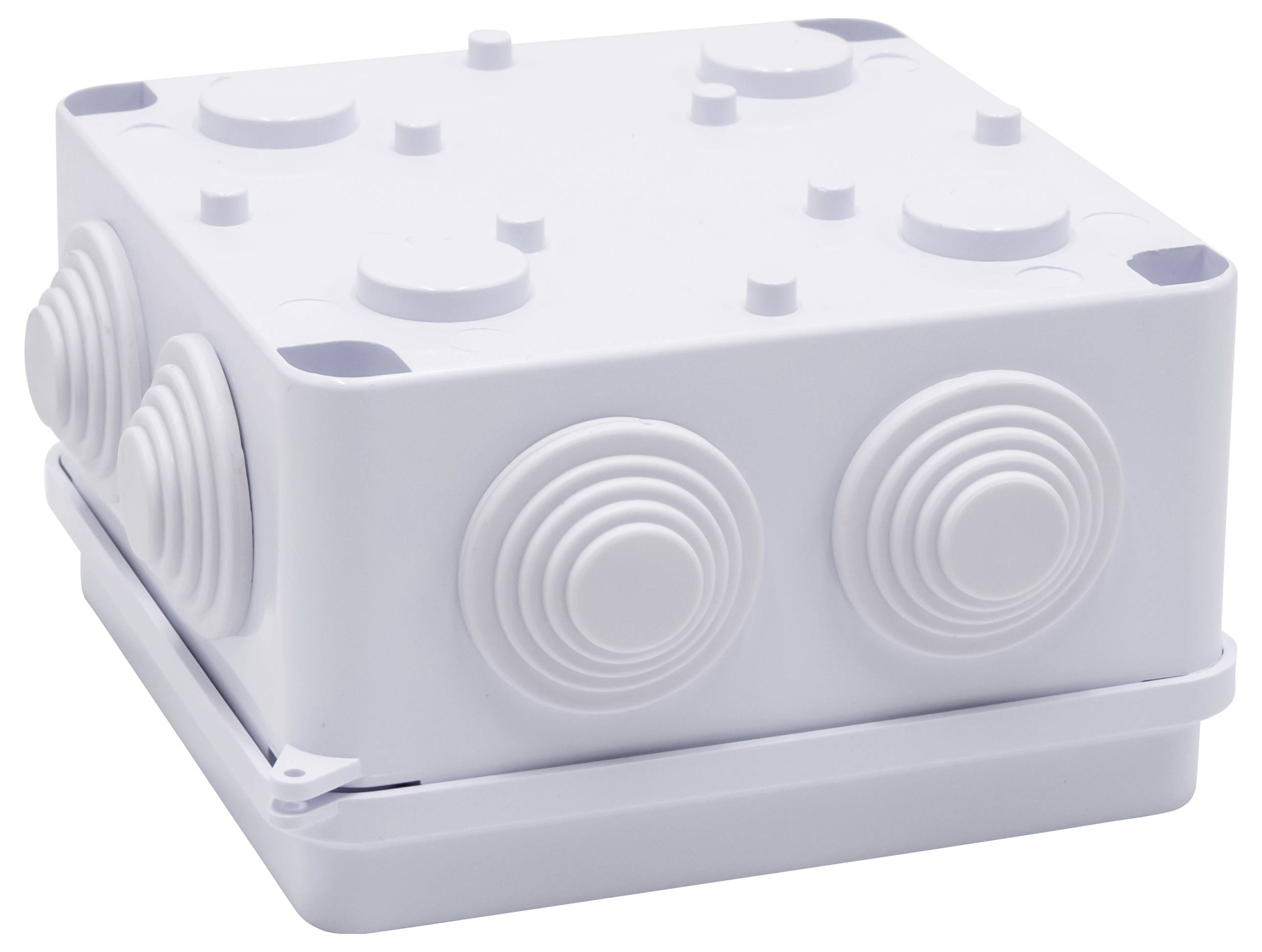 Un contenitore di distribuzione rettangolare, bianco, in plastica, con diverse aperture circolari sui lati e sul coperchio superiore.
