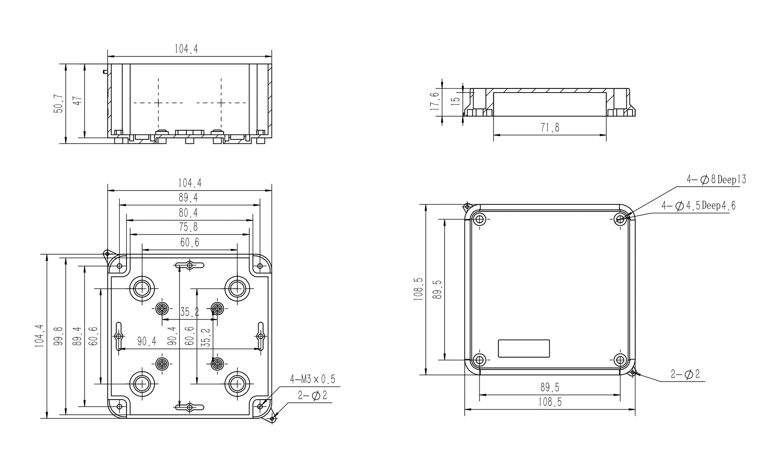 Disegno tecnico di un componente rettangolare con dimensioni e fori. Mostra vista frontale, vista laterale e vista dall'alto.