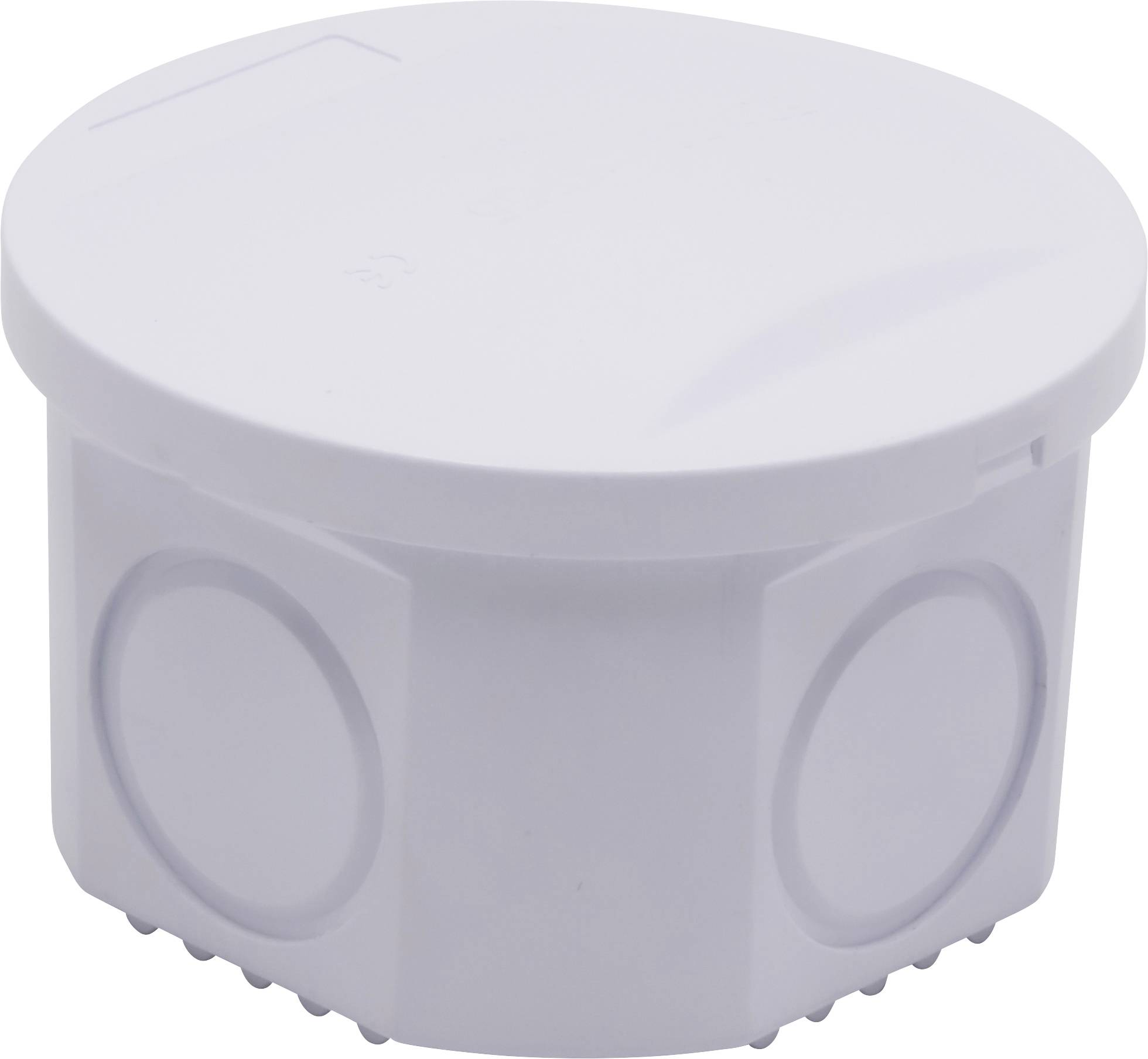 Scatola rotonda bianca in plastica con coperchio removibile e diversi fori circolari sui lati, utilizzata per installazioni elettriche.