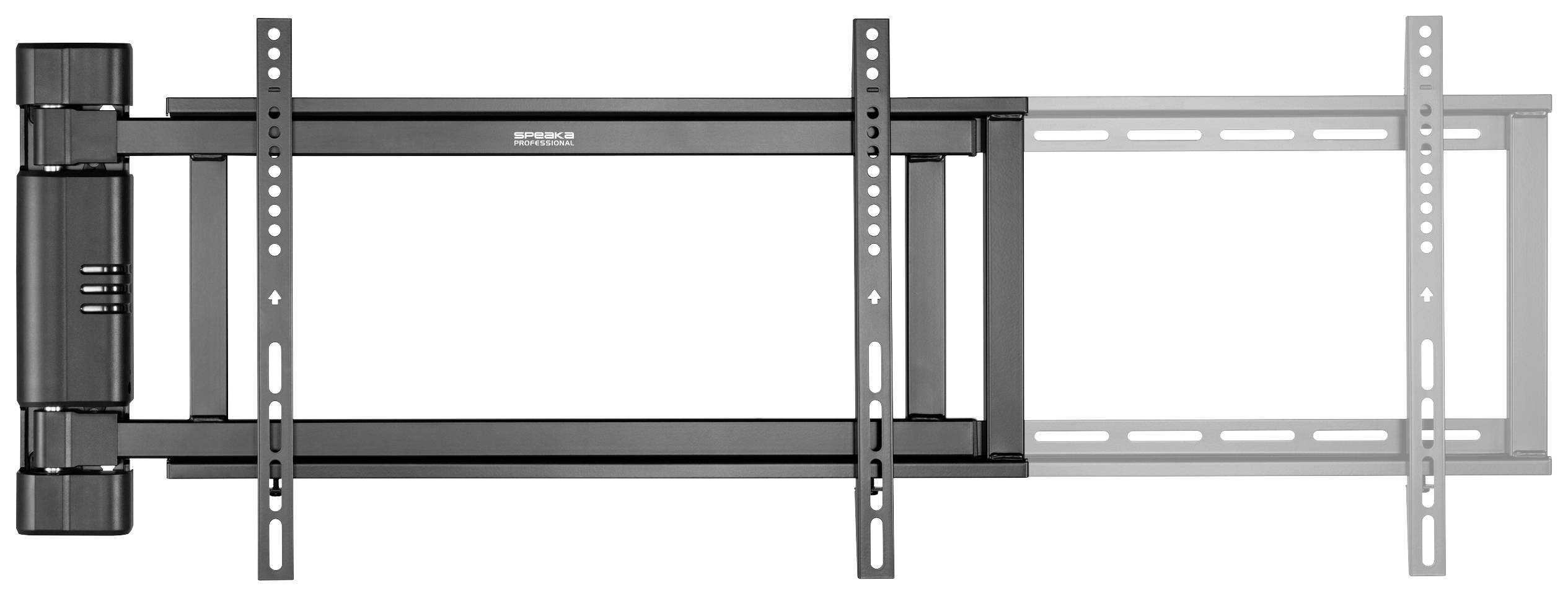 Supporto da parete nero per TV regolabile con braccio snodabile. Sul lato sinistro il braccio è ripiegato, sul lato destro è completamente esteso.