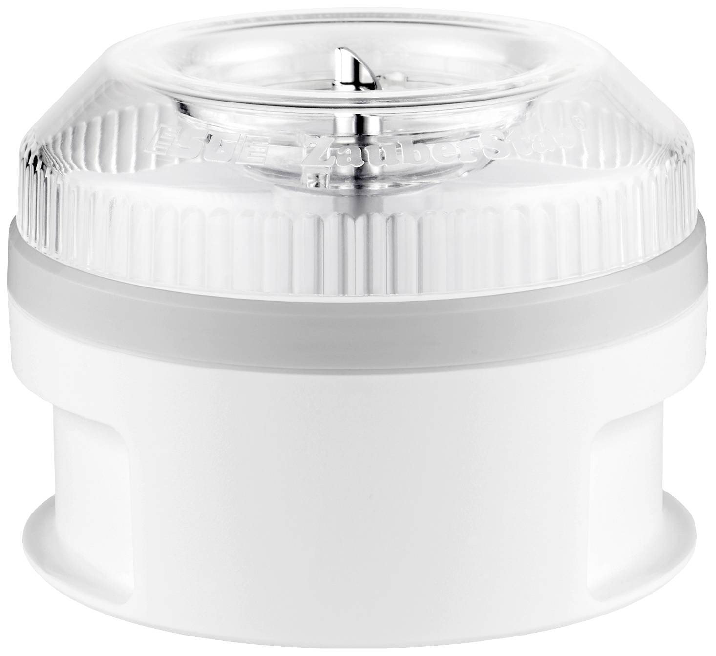 Un accessorio da cucina bianco e trasparente con coperchio scanalato, utilizzato per frullare o tritare gli alimenti.