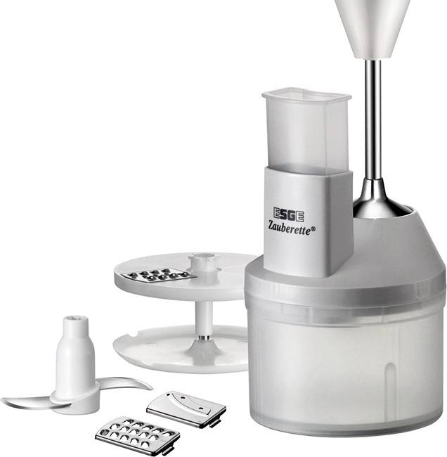 Frullatore elettrico con accessori: ciotola, vari attacchi per frullare, tritare e grattugiare. Ideale per il lavoro in cucina.