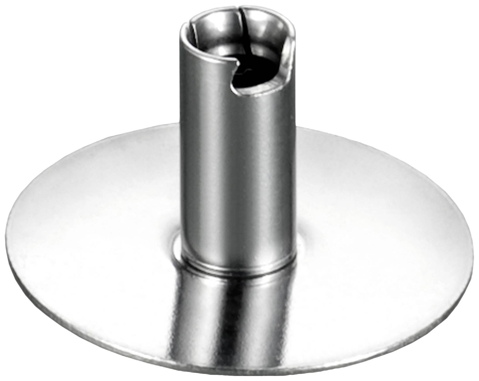 Supporto metallico con tubo cilindrico centrale posto su una base rotonda, utilizzato come sostegno o elemento di fissaggio.