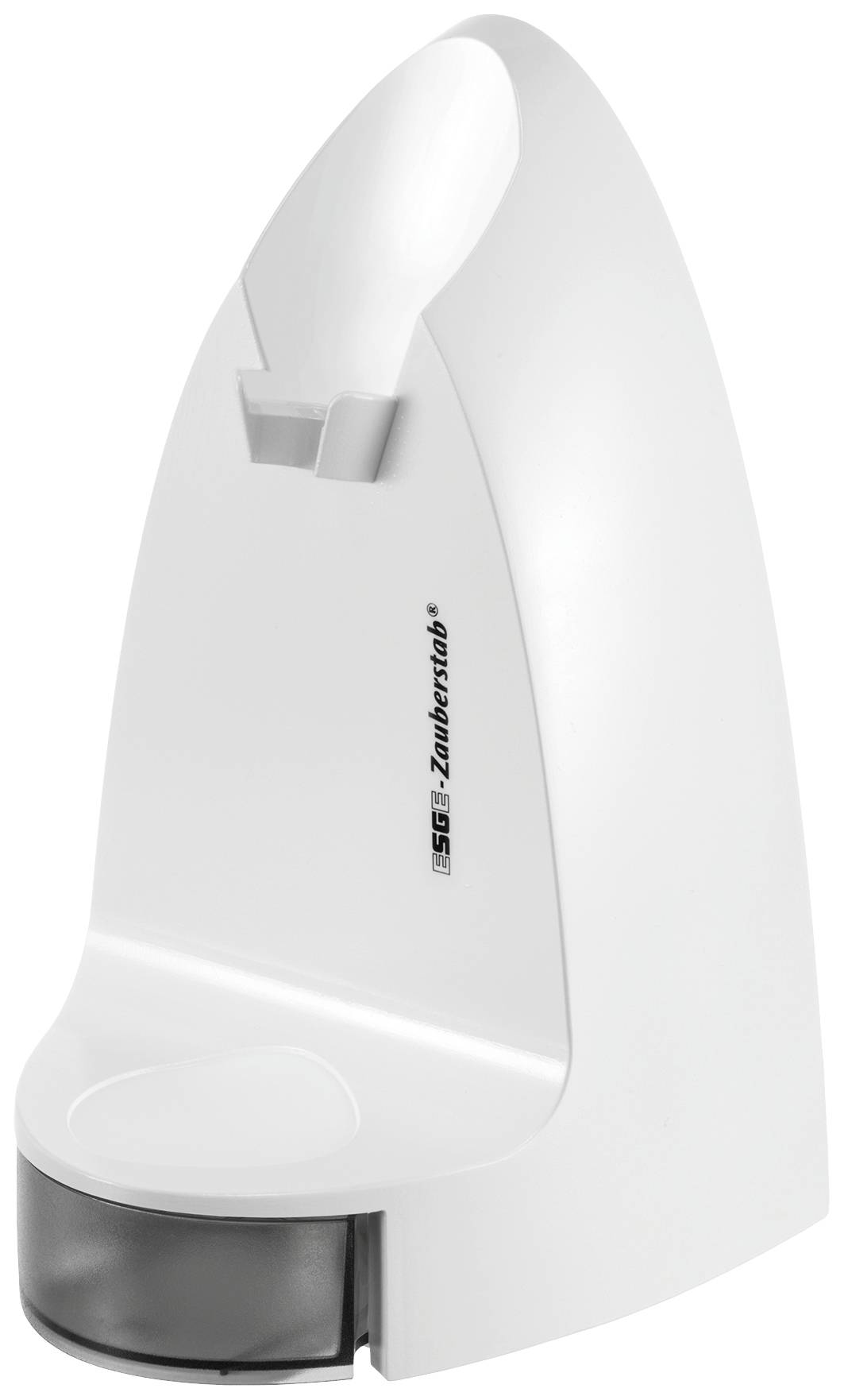 Affilacoltelli elettrico in custodia bianca; design compatto con apertura per inserimento e contenitore raccoglitore per i residui di affilatura.