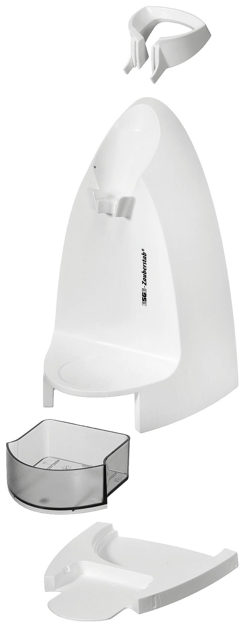 Affettatutto elettrico smontabile in bianco con diversi componenti removibili, incluso coperchio di sicurezza e lama affilata.