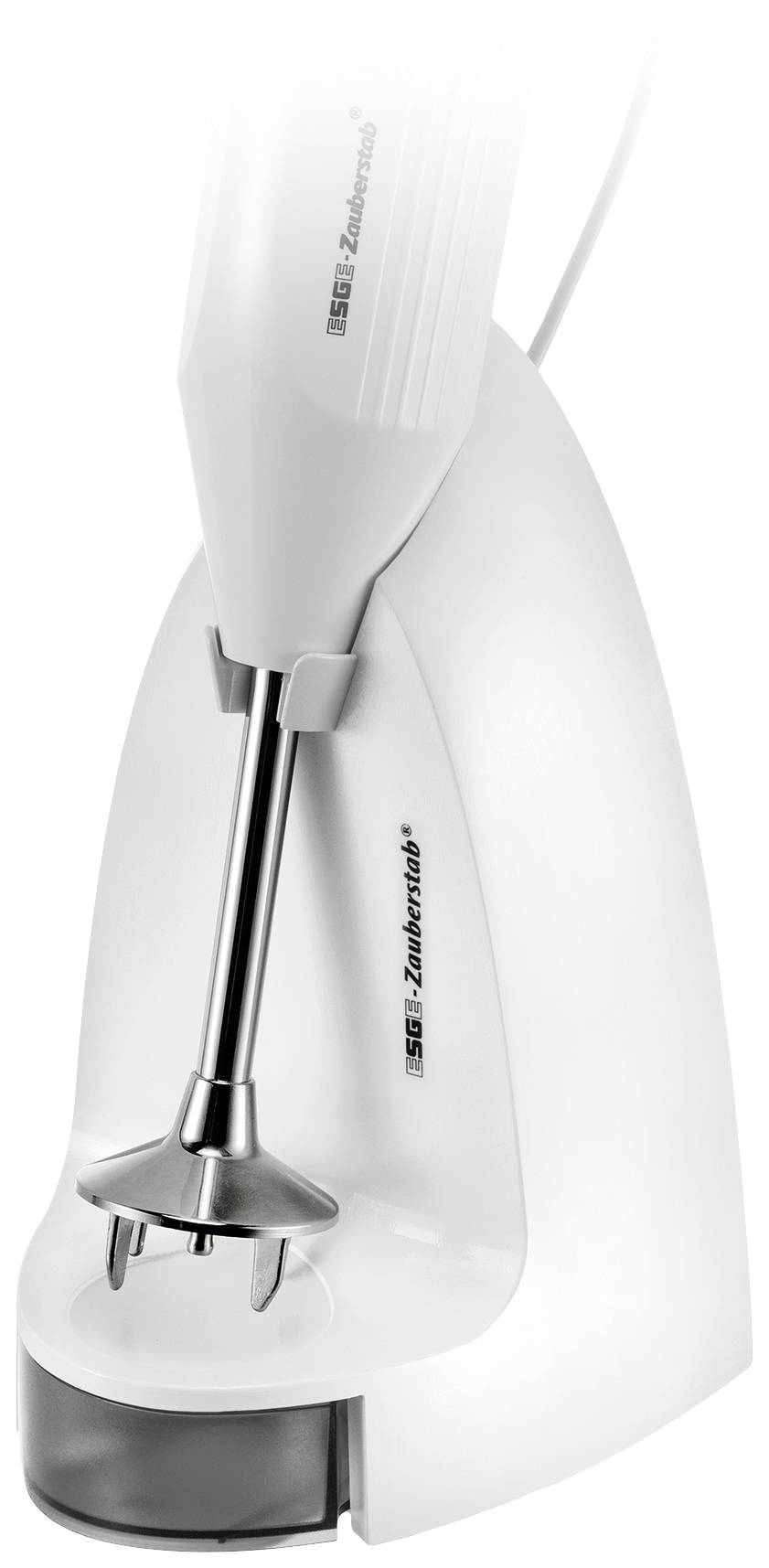Sbattitore elettrico bianco con base, fruste in argento.