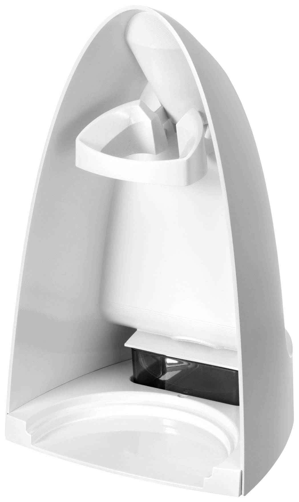 Un dispenser automatico di sapone a forma di involucro ovale bianco. Il meccanismo di erogazione del sapone è posizionato al centro.