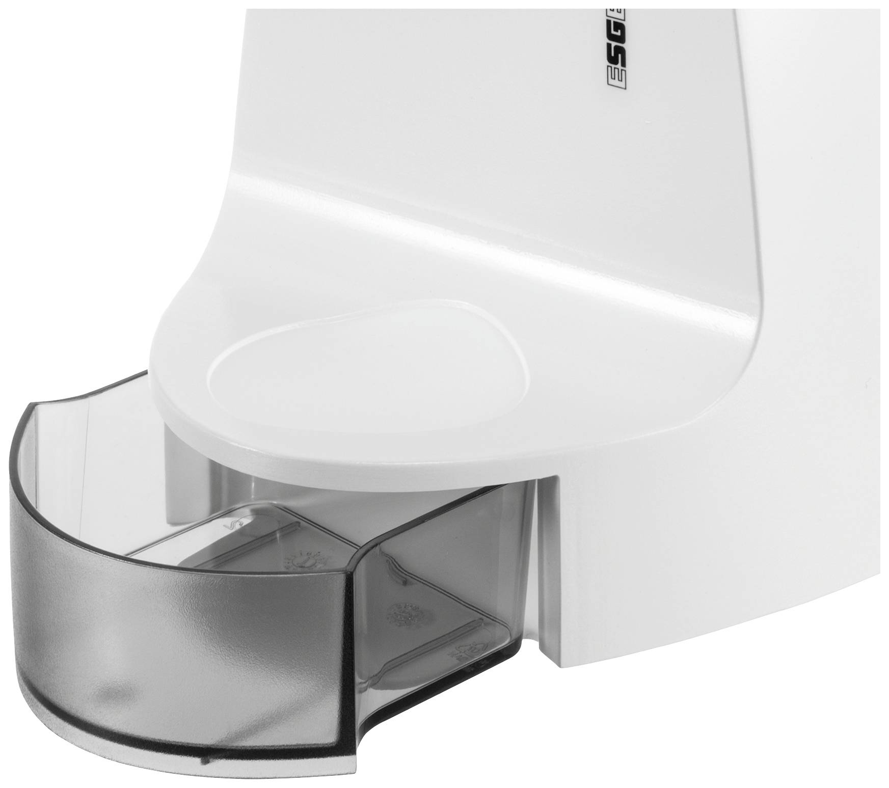 Un dispenser di sapone elettrico con un contenitore di raccolta trasparente nella parte inferiore, idoneo per l'erogazione di sapone senza contatto.