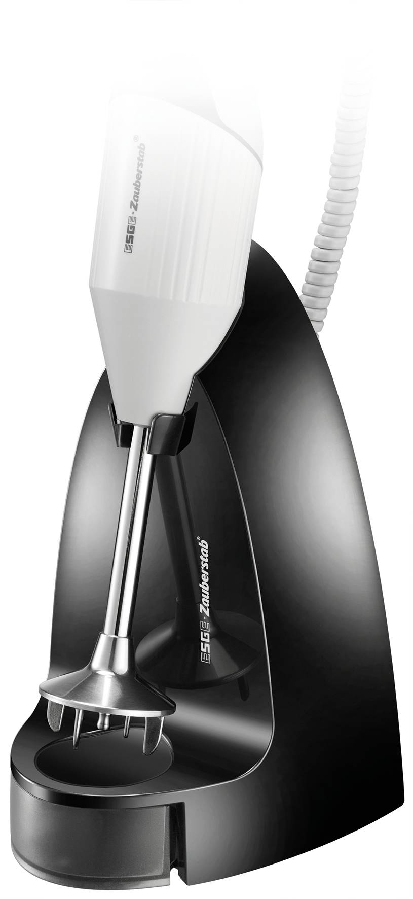 Un frullatore a immersione bianco su un supporto nero, pronto per essere utilizzato in cucina.