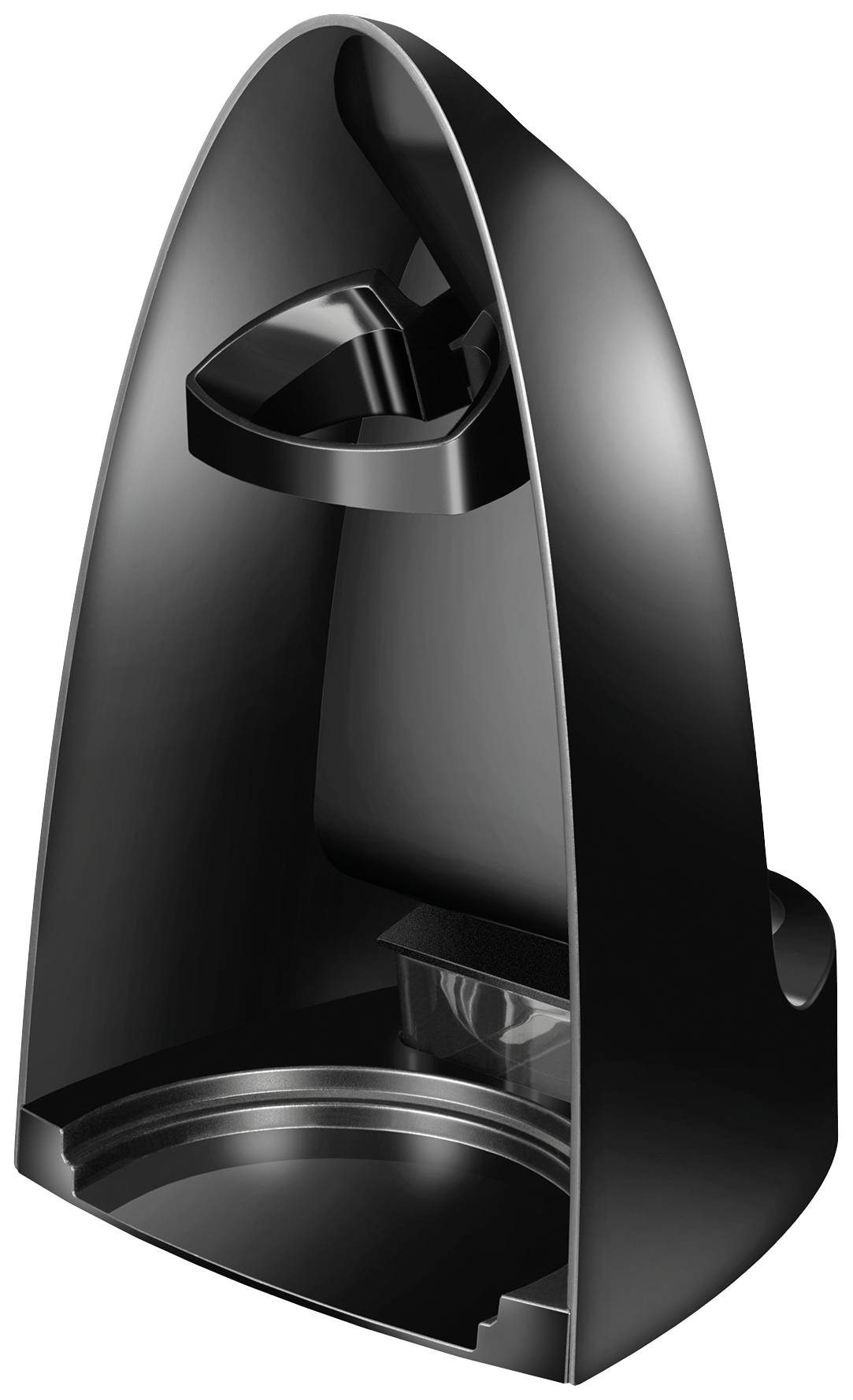 Supporto nero e aerodinamico per una macchina da caffè a capsule, privo di serbatoio dell'acqua o macchina da caffè installati.
