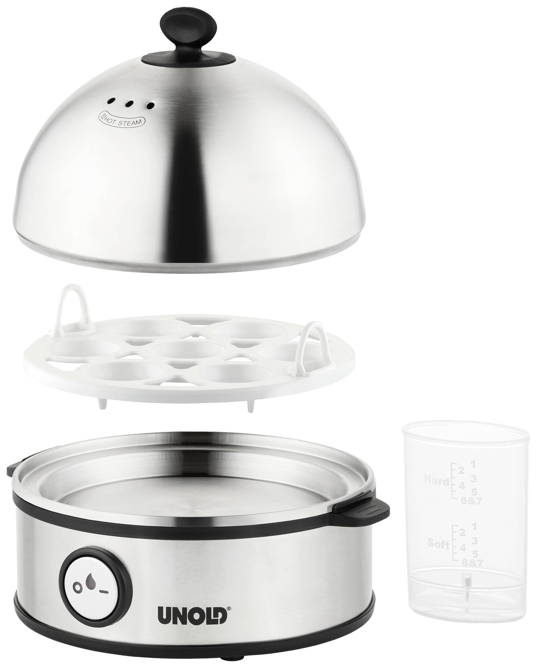 Cuocitore elettrico per uova in acciaio inox con cupola removibile e inserto per uova. Incluso misurino con indicatori del grado di cottura. Adatto fino a sette uova.
